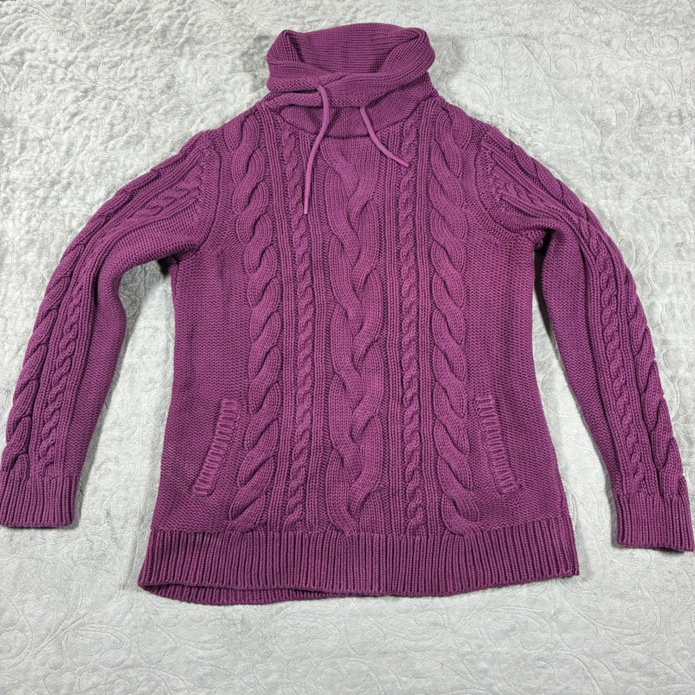 L.L.Bean Womens Cable Knit Cowl Neck Sweater Size L Purple Heritage Fisherman